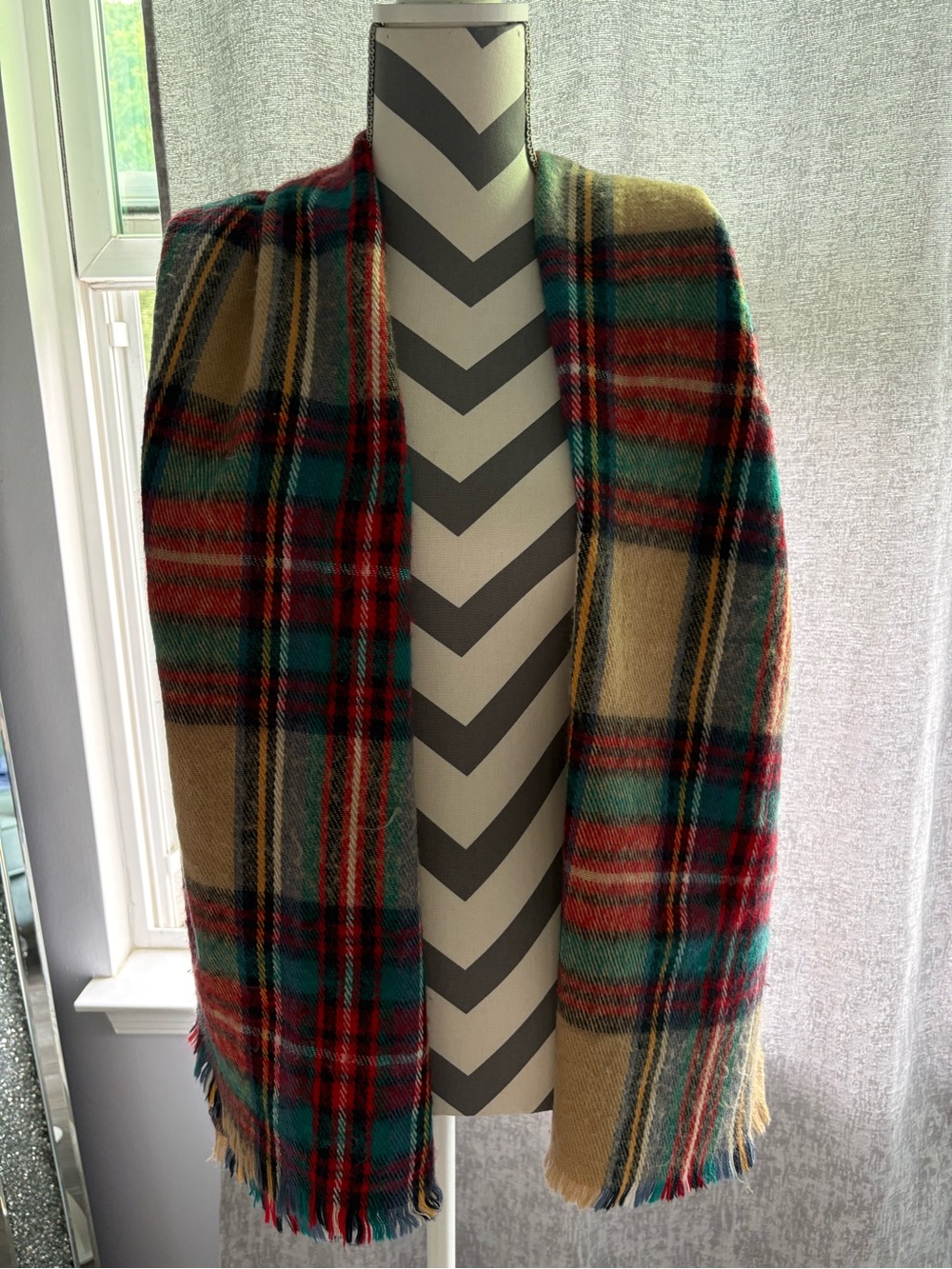 Cozy Plaid Fringe Scarf in Mustard, Teal & Red
